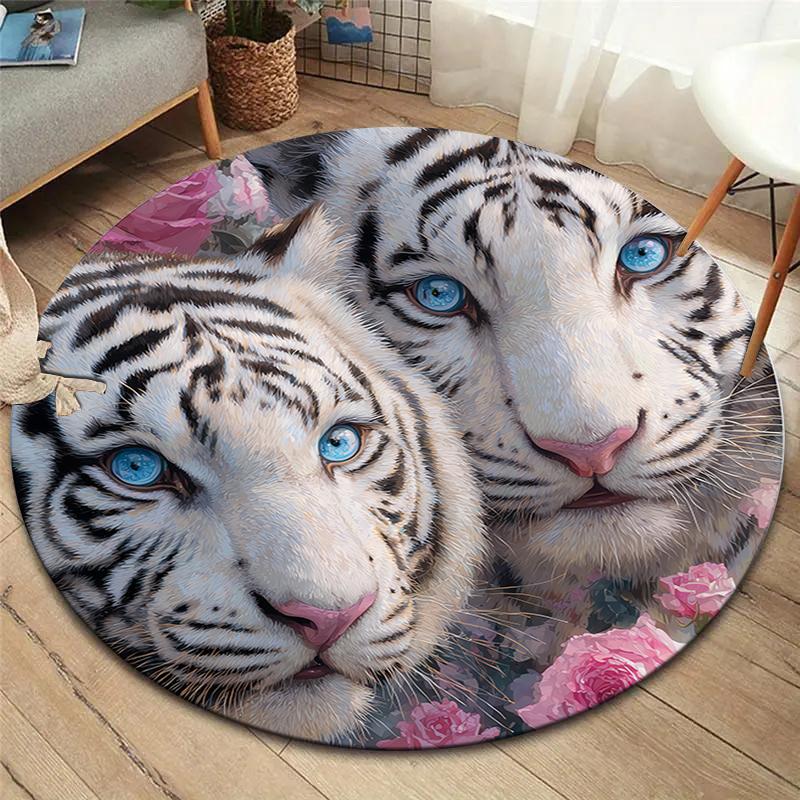 Roses and Tigers, Leopards Round Area Rug,Carpet Rug for Living Room Bedroom Sofa Playroom Decor,Non-slip Floor Mat