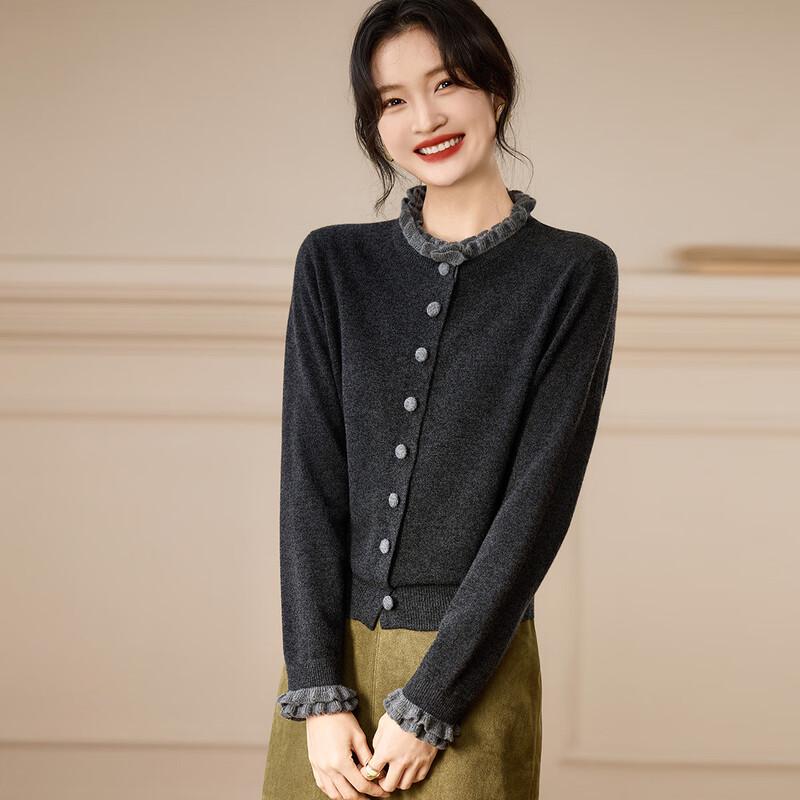 Srcr Women's 100% Merino Wool Ruffle Trim Knit Cardigan