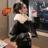 Women's Retro Black Leather Coat with Lambswool Collar - Autumn/Winter Fleece-Lined Motorcycle Jacket