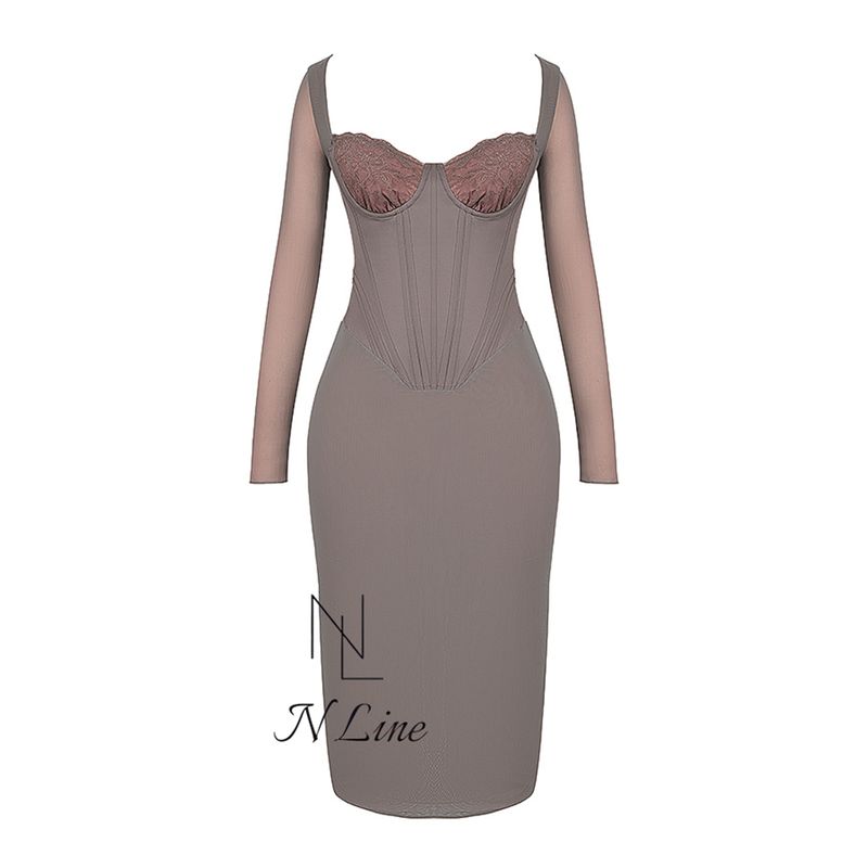 

Мода Прямая Покупка House of CB 24 Великолепное Мокко Утягивающее Платье-миди Скинни с Кружевом и Косточками Mocha L+