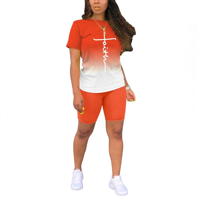 Summer 2pcs Outfits For Women Short Sleeve T-Shirts Pants Shorts Set Gradient Color Tracksuit Sportwear