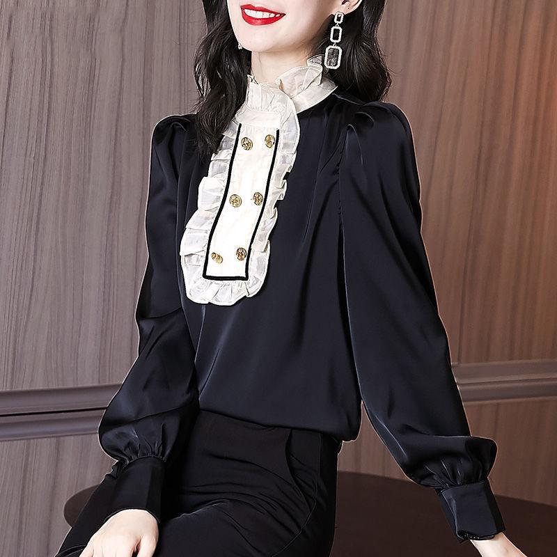 Vintage Office Lady Ruffles Shirring Bright Silk Solid Shirt Spring 2022 Ruffled Neck Long Shirt Sleeve Slim Top Womens Clothing