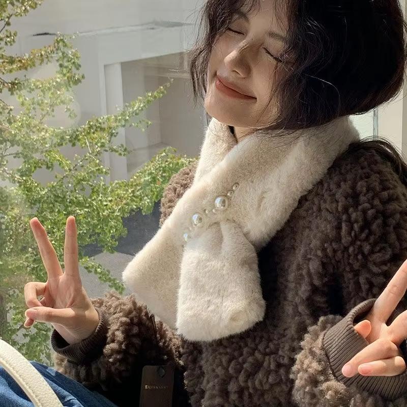 Damen Elegant Perle Plüsch Schal Einfarbig Kunstkaninchenfell Kreuzschal Snood JK Koreanische Mädchen Nackenwärmer Kragen Halstuch