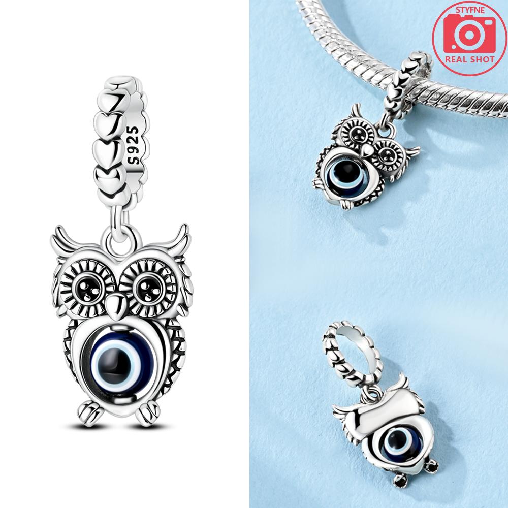 Original Copper Charm Pink Zircon Crown Clawed Owl Moon Pendant Bead Fit Bracelet Women Jewelry Fine Gift Accessory