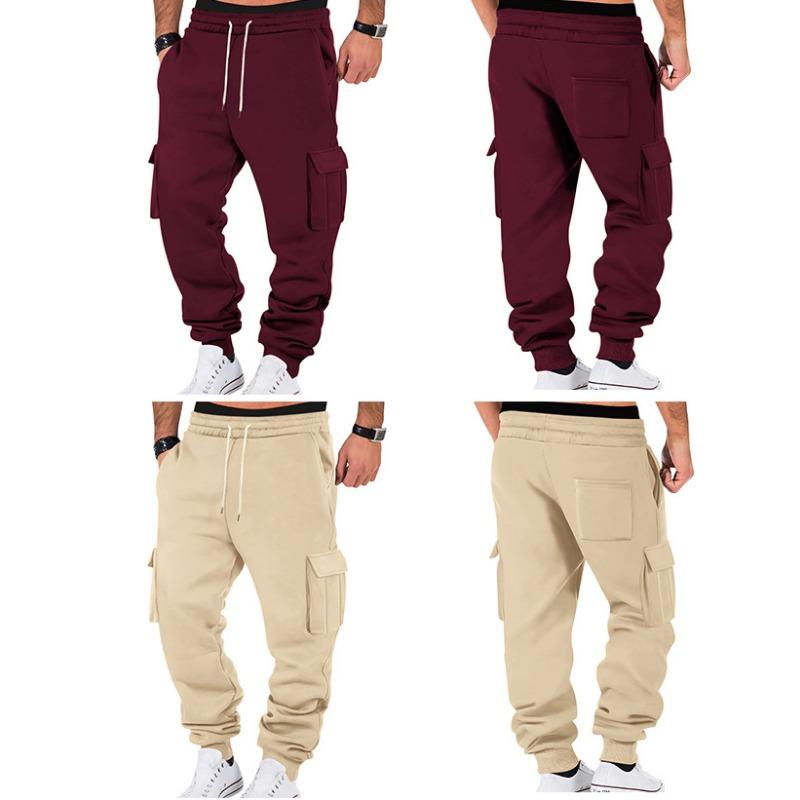 Men Fleece Casual Cargo Pants Loose Multi Pocket Drawstring Long Trousers