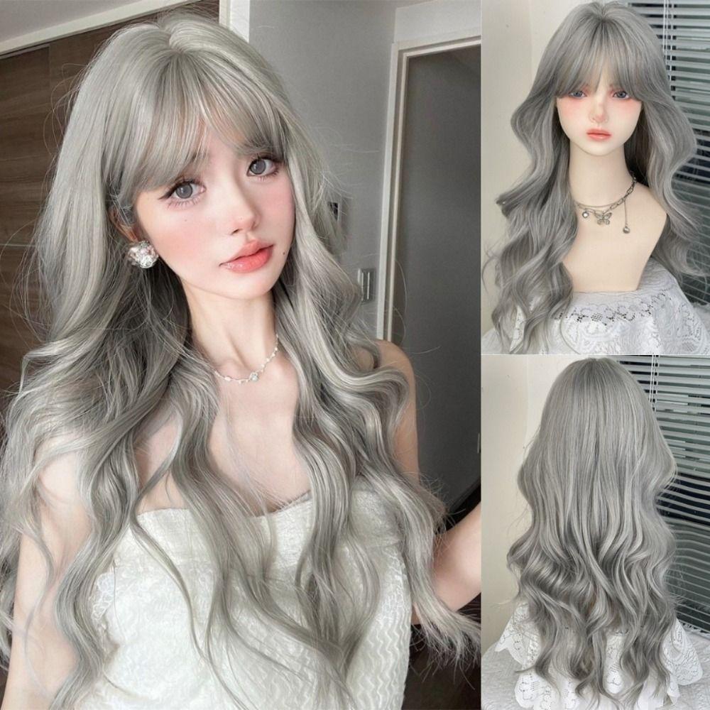 Air Bangs Grey Cosplay Wigs with Bangs Halloween Lolita Headband Wigs Long Curly Wave Hair  Girl