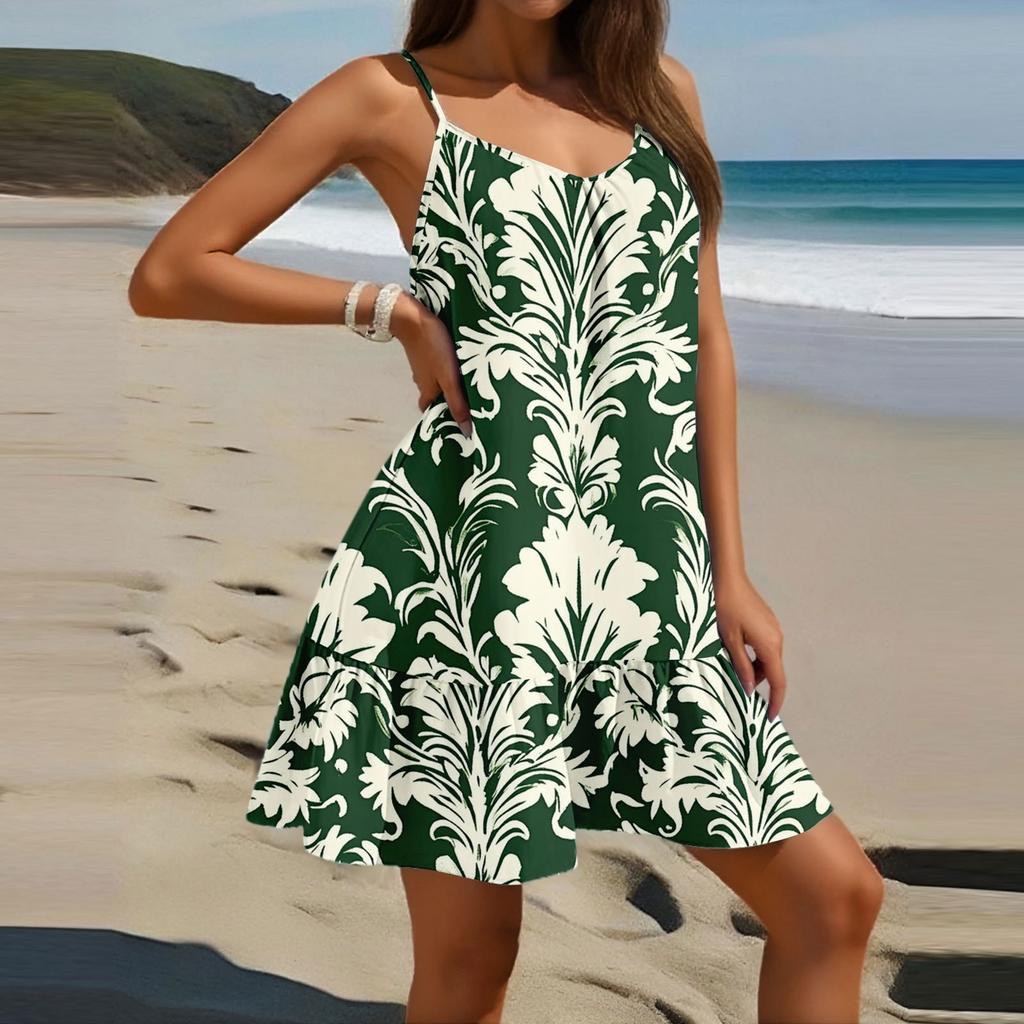 Women's Fashion Casual Sleeveless Round Neck Loose Floral Print Beach Dress