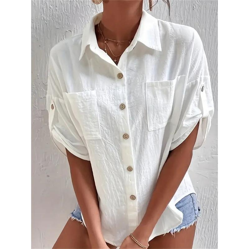 Women's Summer Cotton and Linen Shirt, Lapel Pockets, Loose Short-sleeved Solid Color Shirt Top