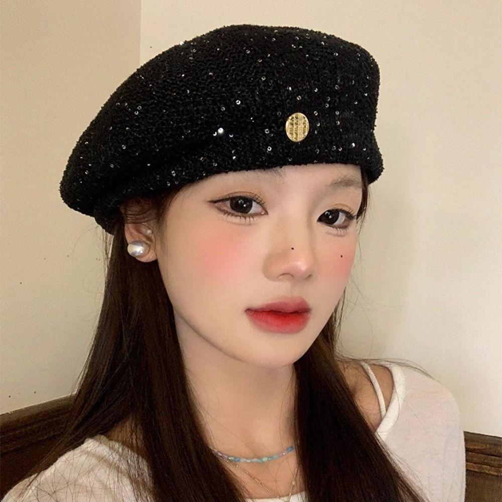 Hollowed Out Weave Hat Breathable Crochet Knitted Cap Cute Sequin Beret Hat  Summer