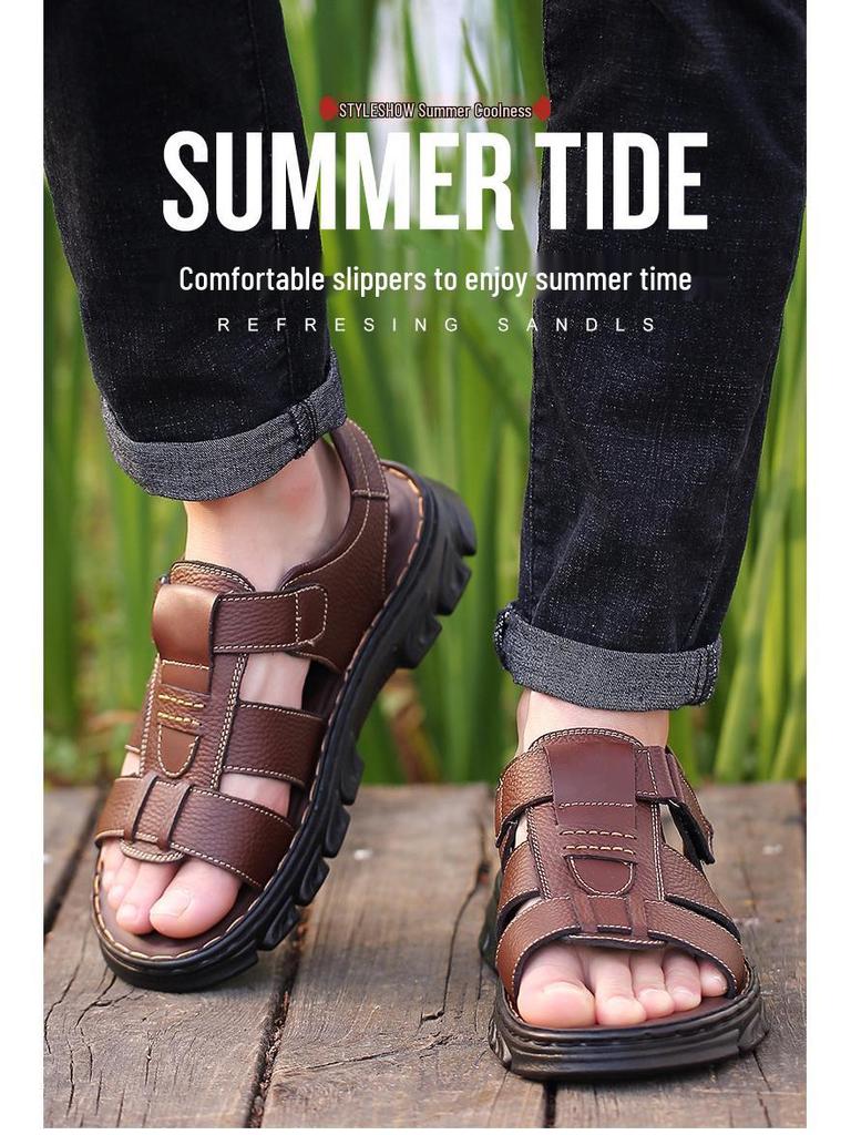 Men's Leather Roman Sandals: Non-Slip, Thick-Soled Beach Shoes