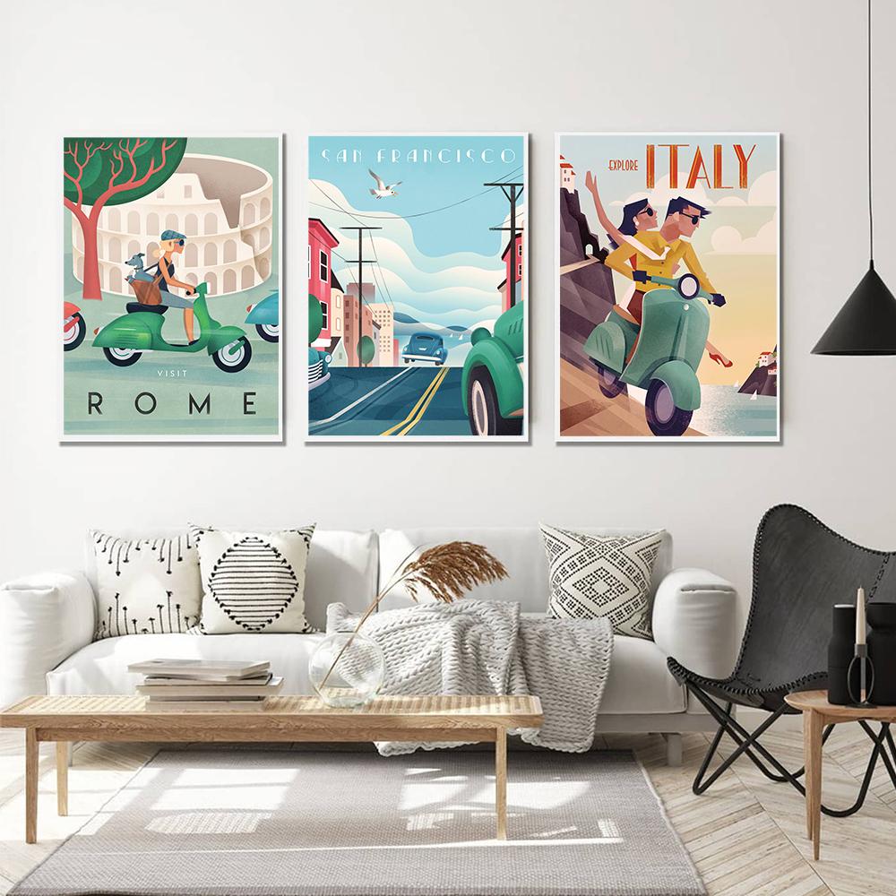 Vintage World Famous Attractions City Posters and Prints Italy Rome Hawaii Canvas Painting Wall Art for Living Room Home Decor (with Frame)