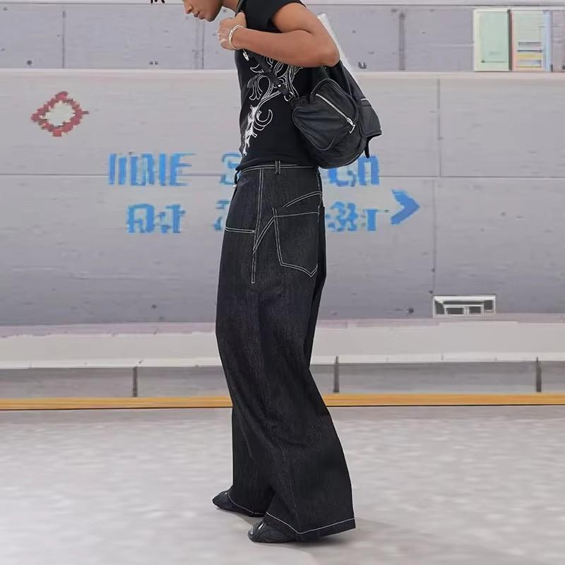 Retro Aviator Buckle Wide Leg Denim Pants Men Women - High Waist Loose Fit Straight Cut Streetwear Jeans