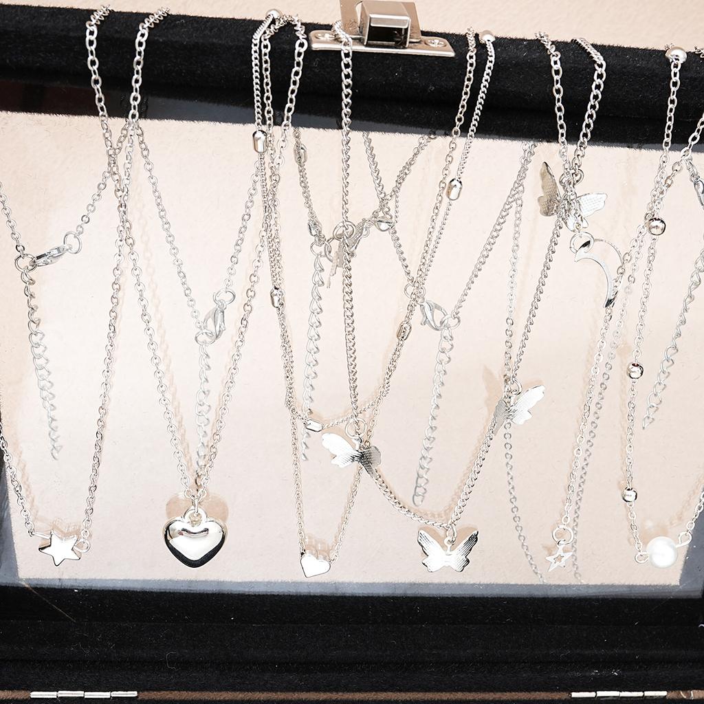 Set di Gioielli Chic Argento 51 Pezzi/Set Per Donna Moda Farfalla Cuore Perla Collane, Orecchini, Anelli, Abbinamento Abiti Quotidiani