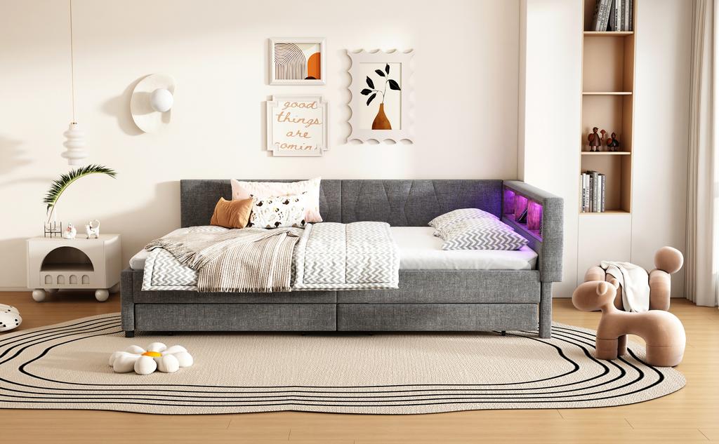 Daybed, 140x200cm, Storage Compartment on Bed, USB+Type C, With LED Light Strip, Bed with Two Drawers, Slatted Frame (without Mattress), Linen, Grey