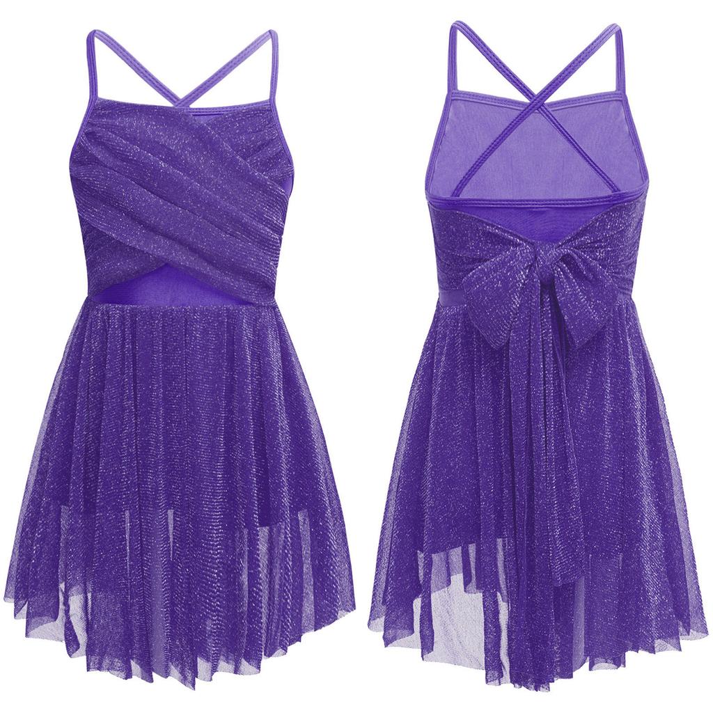 Lyrical Girls Ballroom Kids Cosplay Fancy Gymnastics Bowknot Backless Dress Ballet Dance Leotard Glittery Skirts