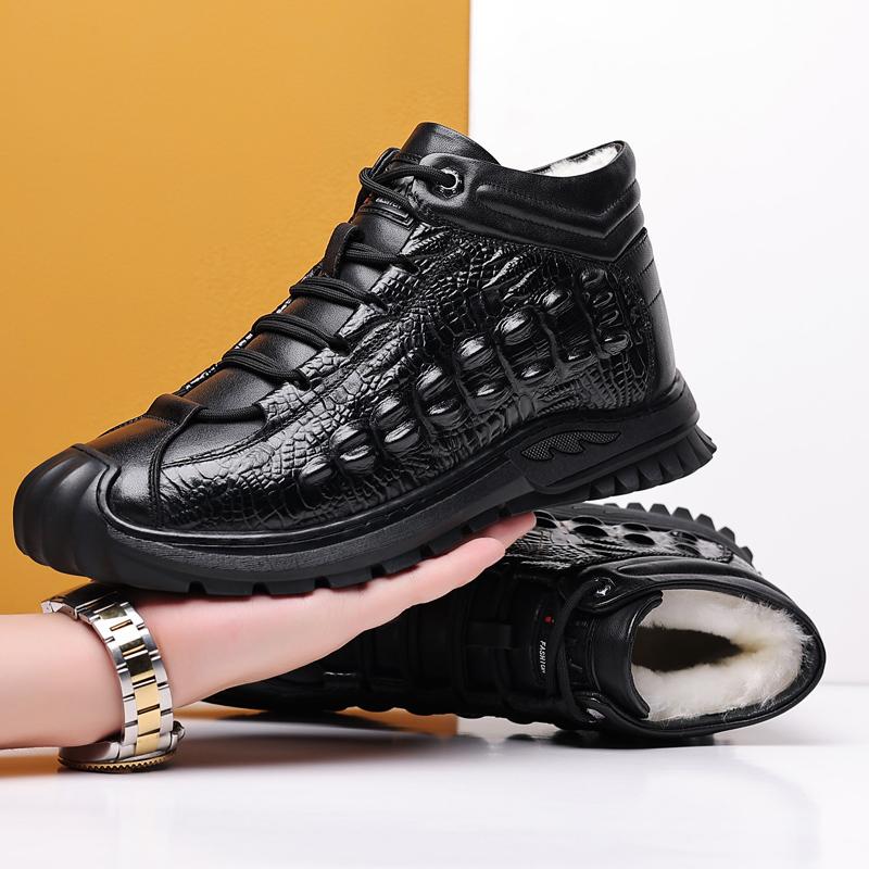 Fashion Men's Casual Shoes Fashion Genuine Leather Crocodile Print Sneakers Leather Shoes Luxury Designers Wool Inside Warm Snow Boots
