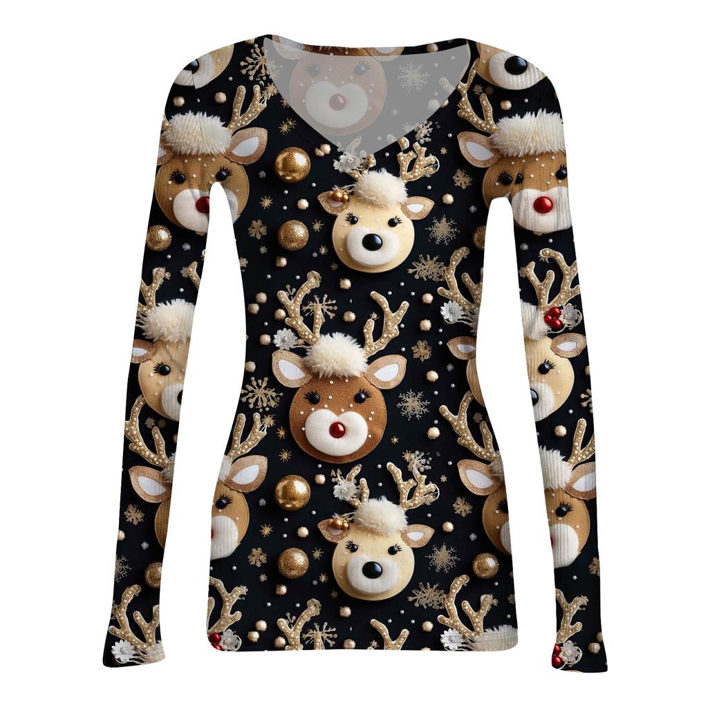 Dámské zimní přiléhavé základní tričko Módní vánoční potisk Výstřih do V Pulovr Top s dlouhým rukávem