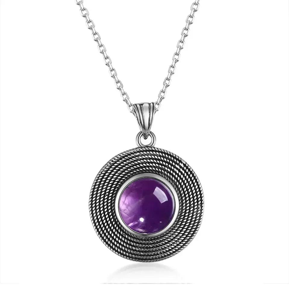 Amethyst Silver Disc Pendant Necklace, Vintage Textured Round Gem Necklace, Boho Women s Fashion Jewelry Cross-Border