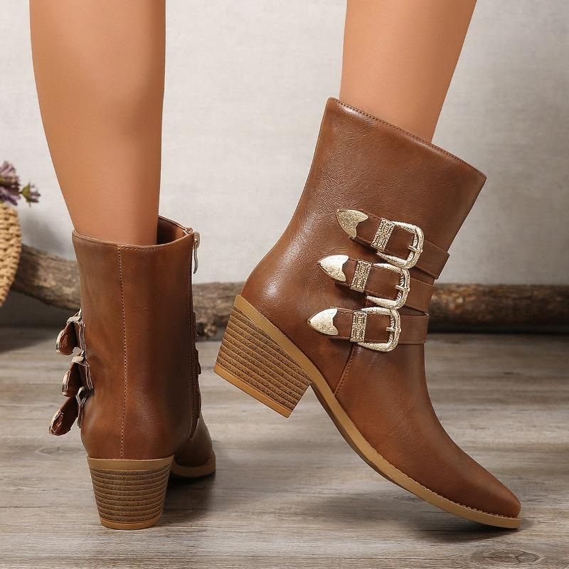 Fashion Retro Western Booties Women's New Pointed Toe Metal Belt Buckle Non-Slip Side Zipper Non-Slip Block Heel Single Boots