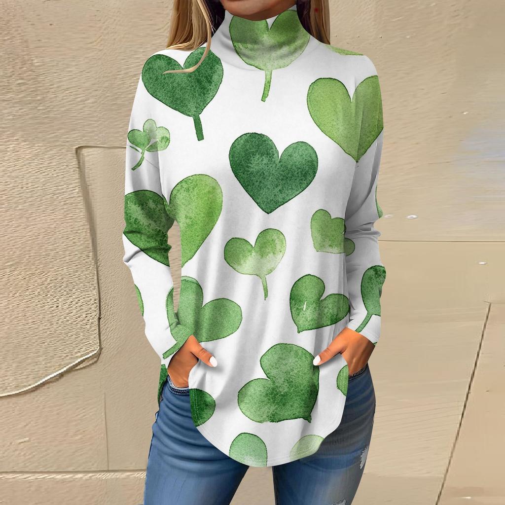 Women Fall Casual Long Sleeve Shirts Sweatshirt Printed High Neck Top Pullover