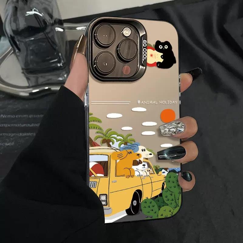 Animal Holiday Road Trip Phone Case For iPhone 15/14/13/12 - Cartoon Yellow Car Vacation Cover iPhone 13 PRO MAX чёрный