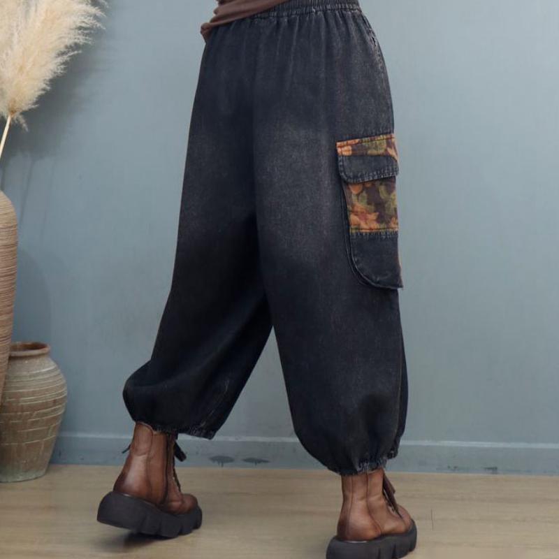 Damen Denim Cargo Hose mit großen Taschen Bedruckte 9/10-Hose Retro Casual Locker Übergröße Gewaschene Weitbein-Hose