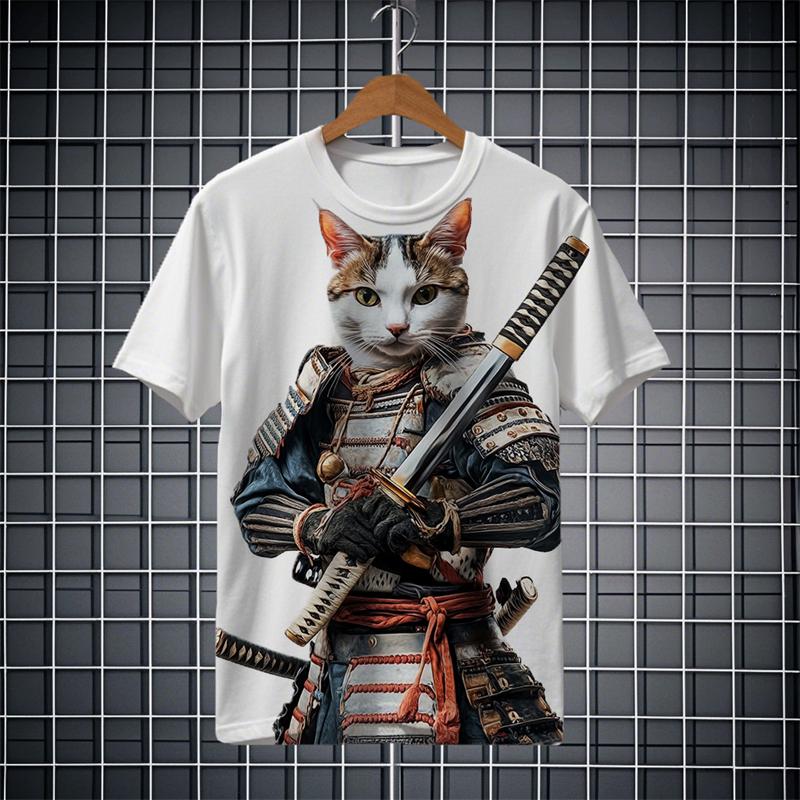 Fashion Japanese Samurai Cat  3D Print Men's short Sleeve T-shirt Fashion festival Crew Neck t shirt Tops polyester Men Clothing