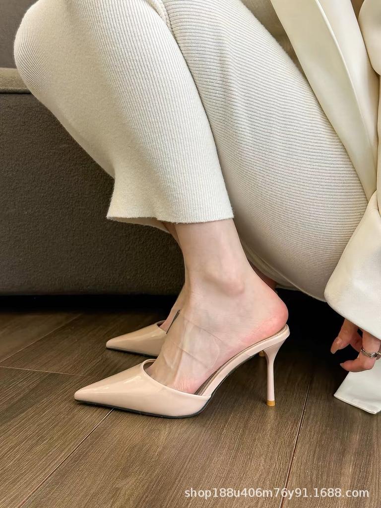 [New] Gentle naked apricot transparent PVC bag head high heels for women 2025 new pointed cool slippers for women