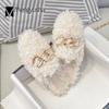 Luxury Curly lamb wool mules female metal chain fur slippers women ins winter shoes cover toe plush slides plus size 34-44