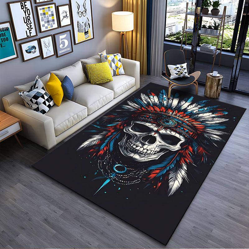 Skull with Tribal Feather Headdress Suitable As a Non-slip Mat for the Living Room or Bedroom Sofa