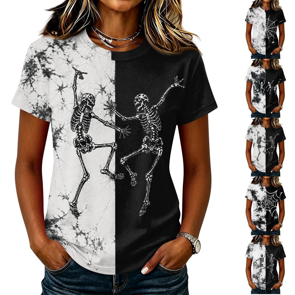 Women's Casual Short Sleeve Round Neck Pullover T-Shirt with Halloween Print