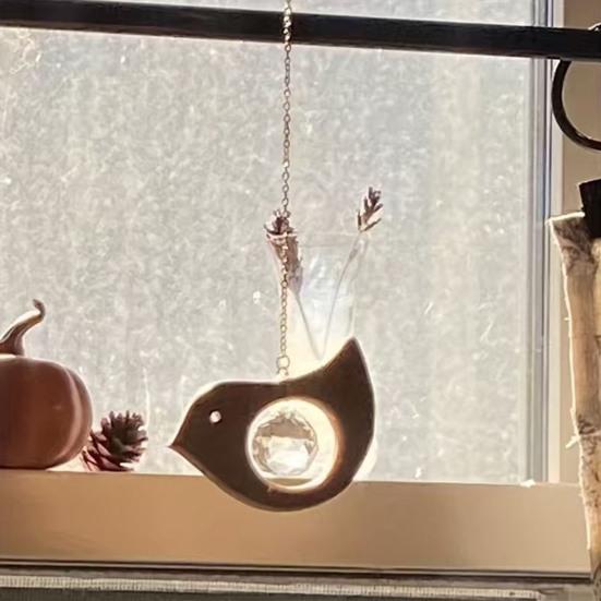 Wooden Bird Suncatcher Hanging Decoration Indoor Outdoor Garden Rainbow Maker Bird Ornament with Faux Crystal Ball