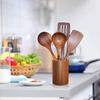 Oikabio Wooden Utensils with Stand, Teak Kitchen Cookware Set, Ideal for Non-Stick Cookware, Wooden Shovel Spoons for Cooking, 5 Pieces
