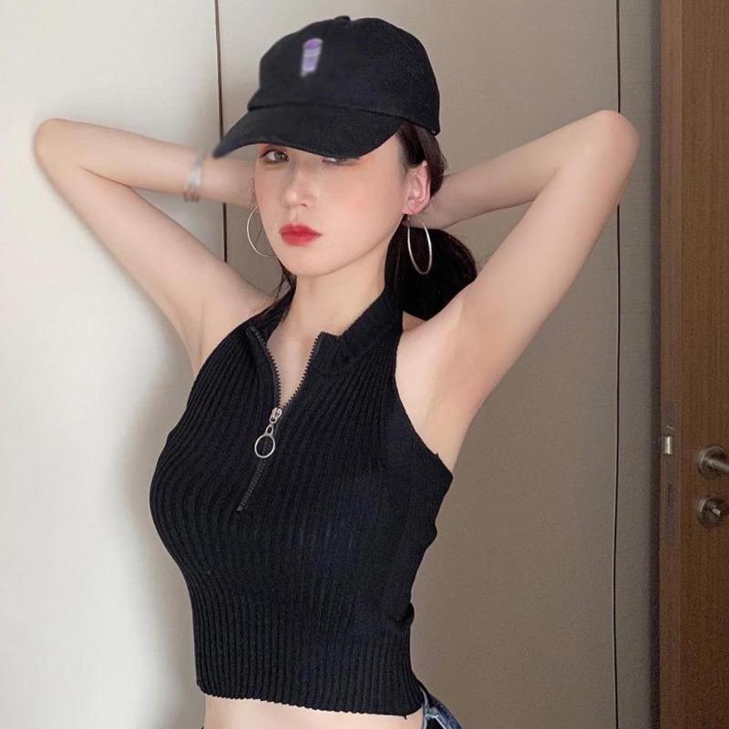 Dámský Crop Top Korzet Top Pletená vesta Upnutý zip bez rukávů