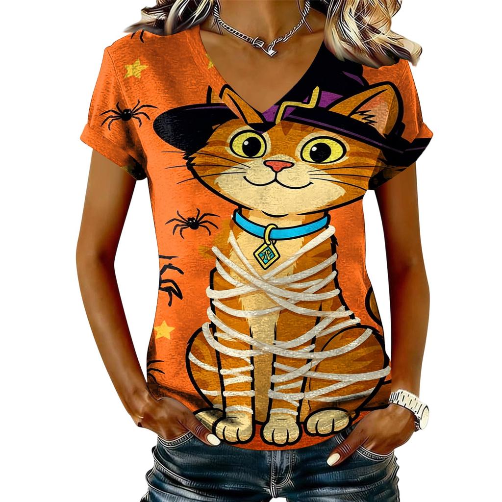 Women's V-Neck Short Sleeve T-Shirt Casual Pullover with Halloween Print Top
