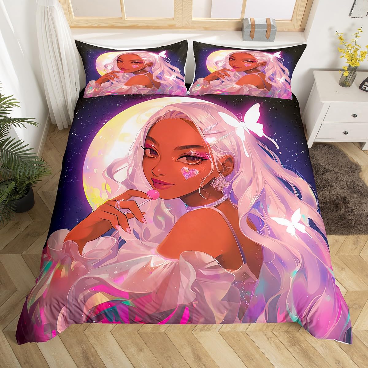 

Fantasy Black Girl Duvet Cover Sets for Kids Girls Women Teens Lightweight Quilt Covers African American Black Girl Bedding Sets EU King(240x220cm)