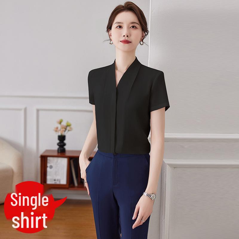 Women's High-End V-Neck Formal Shirt - Summer Professional Top for Teacher Interviews