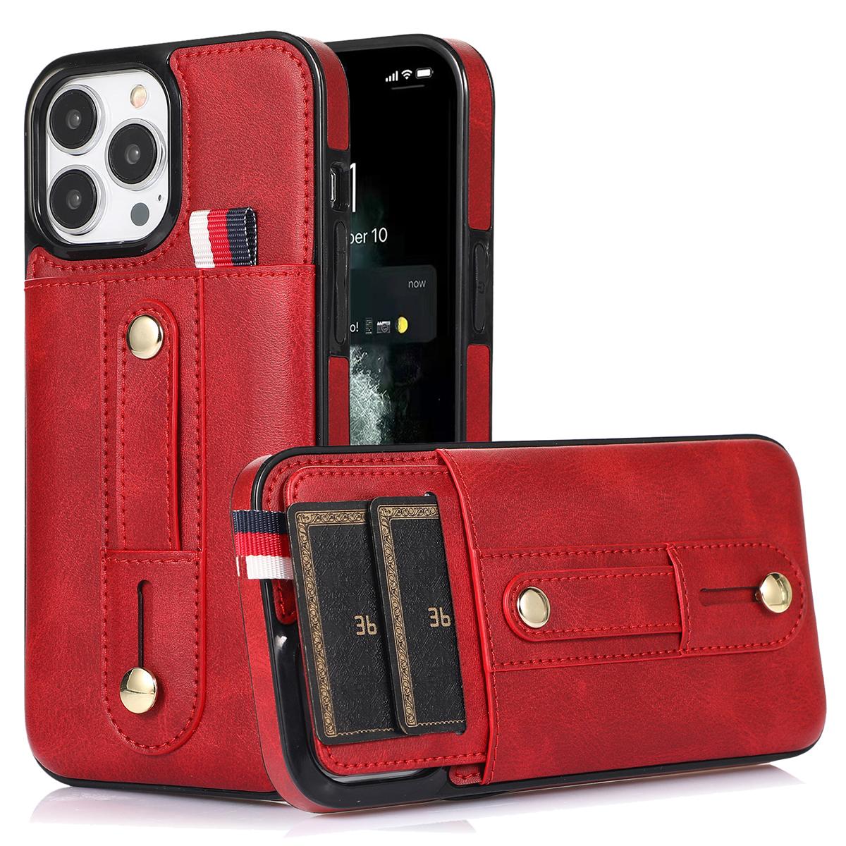 

For iPhone 12/12 Pro 6.1 inch Cell Phone Case Retro PU Leather+TPU Cover with Retractable Strap Kickstand Red