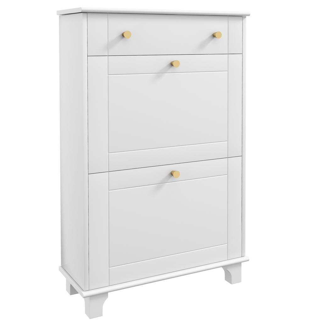 Slim Space-Saving Shoe Rack, 2 Flap Doors, Adjustable Shelves, Drawer, Raised Base, White