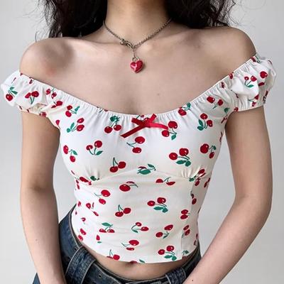 Women's Tops Sexy Bubble Sleeve Floral One Shoulder Tops Large Yards To Cover The Belly Thin Straps Suspenders