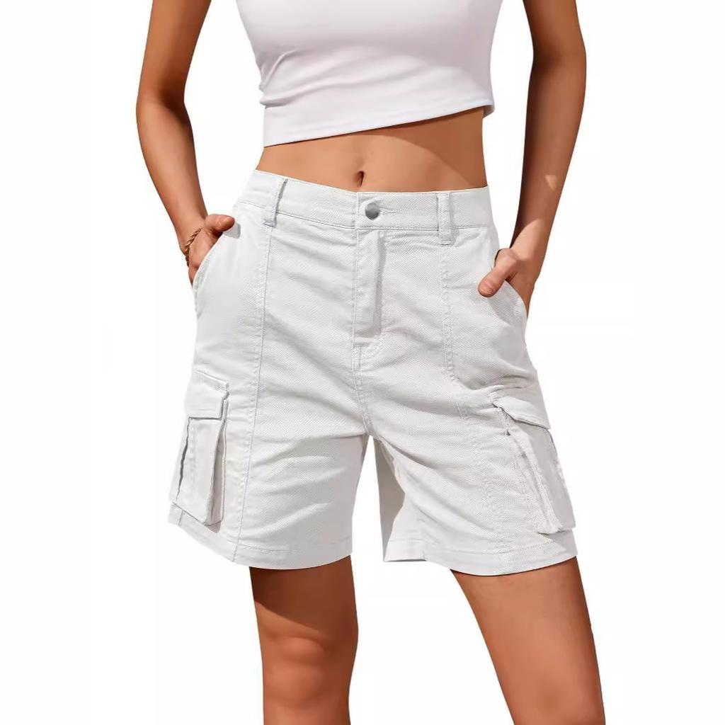 Women Cargo Shorts Knee Length Elastic Waist Long Shorts Pants Summer Casual Streetwear