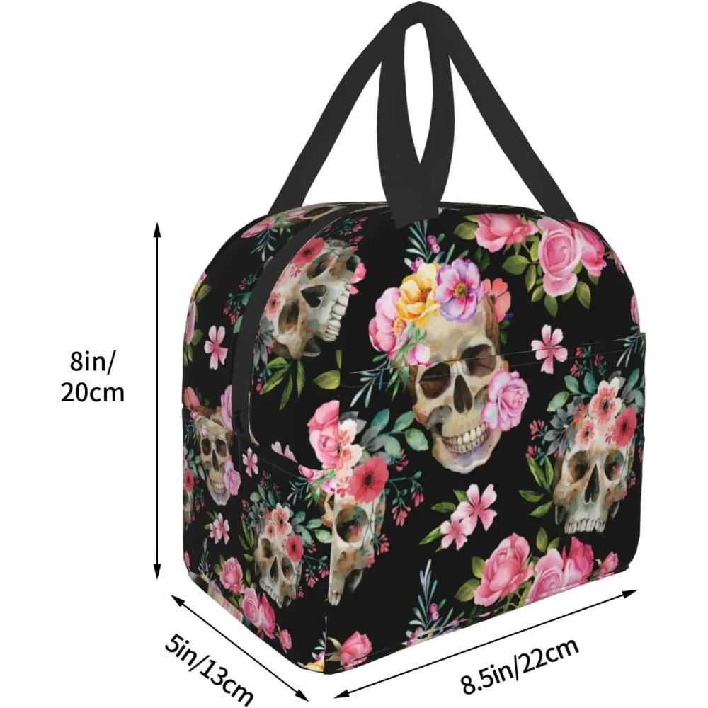 Skull Lunch Bag Halloween Horror Skeleton Flowers Lunch Box Insulated Lunch Box Tote Bags for Office Work School Picnic Beach