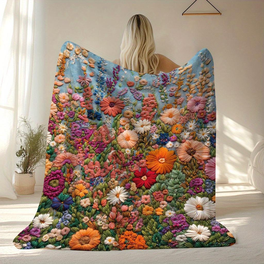 3D Bohemian Floral Blanket - Embroidery Flower Field Design, Soft Flannel for Bedroom/Sofa/Picnic, Vibrant Decor Throw