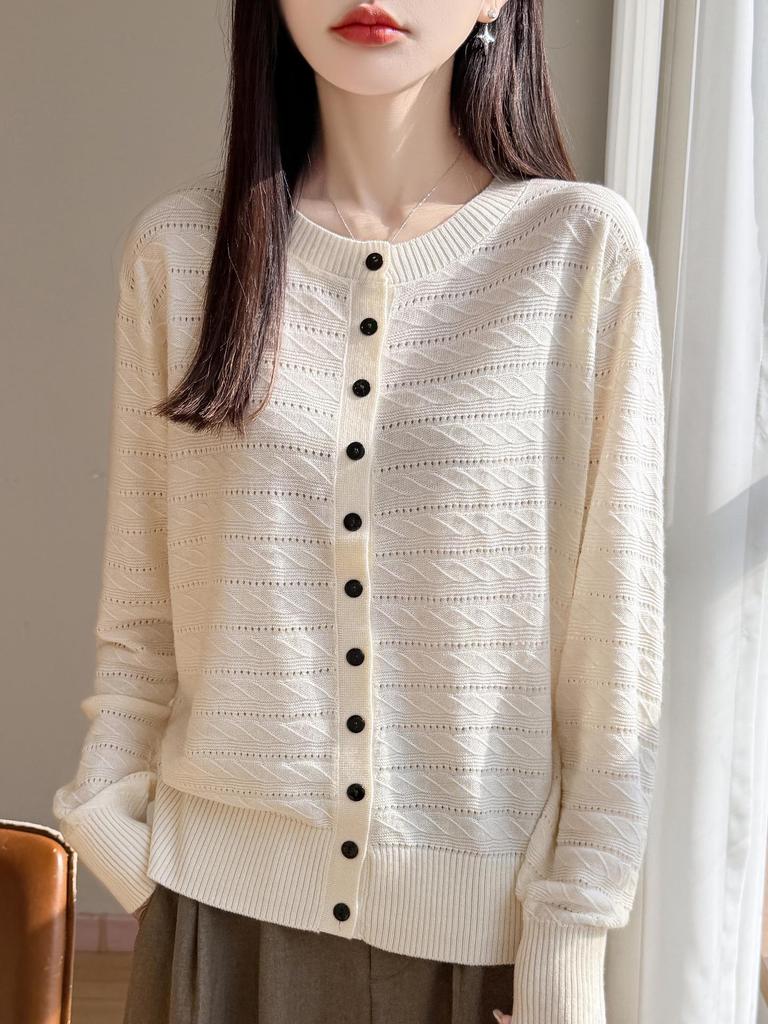 Women's Loose Solid Color Hollow Knit Wool Cardigan - Round Neck, Long Sleeve, Casual Jacket for Spring & Autumn