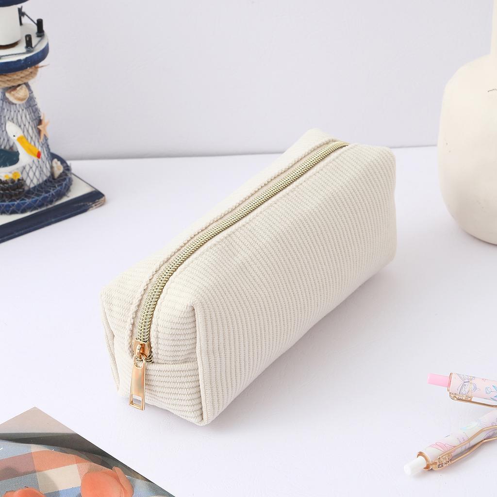 1 PC Solid Color Striped Corduroy Pencil Case Portable Large Capacity Desktop Stationery Storage Student Back-to-School Gift