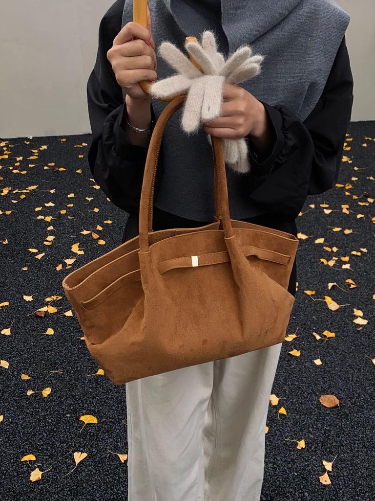 Women's Suede Pleated Tote Bag - Large Capacity, Retro Korean Style Shoulder Handbag for Autumn/Winter 2025