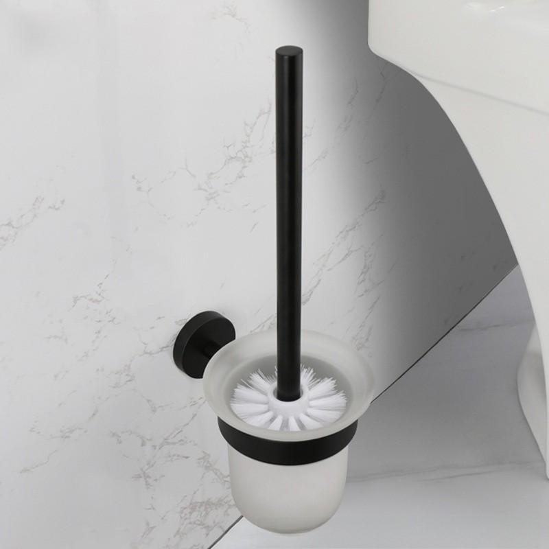 Chrome Wall Round Mounted Toilet Brush And Frosted Glass Holder For Bathroom Use