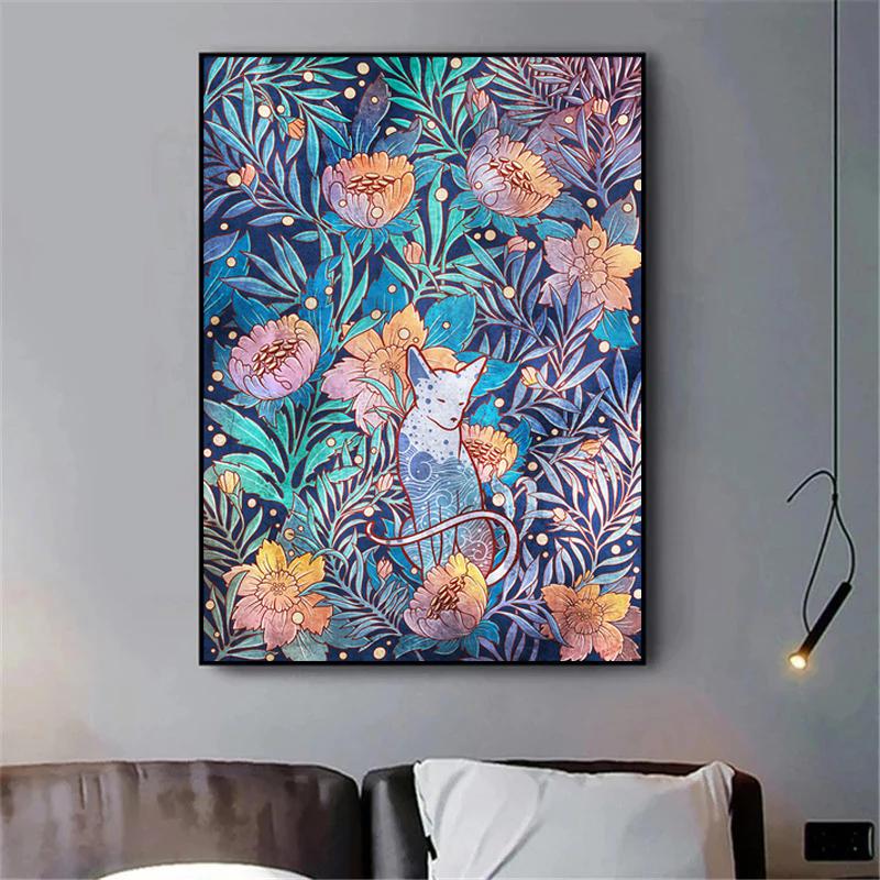 Vintage Cat Cartoon Animal Flower Plant Nordic Poster Wall Art Canvas Painting Wall Pictures for Living Room Home Decor Cuadros