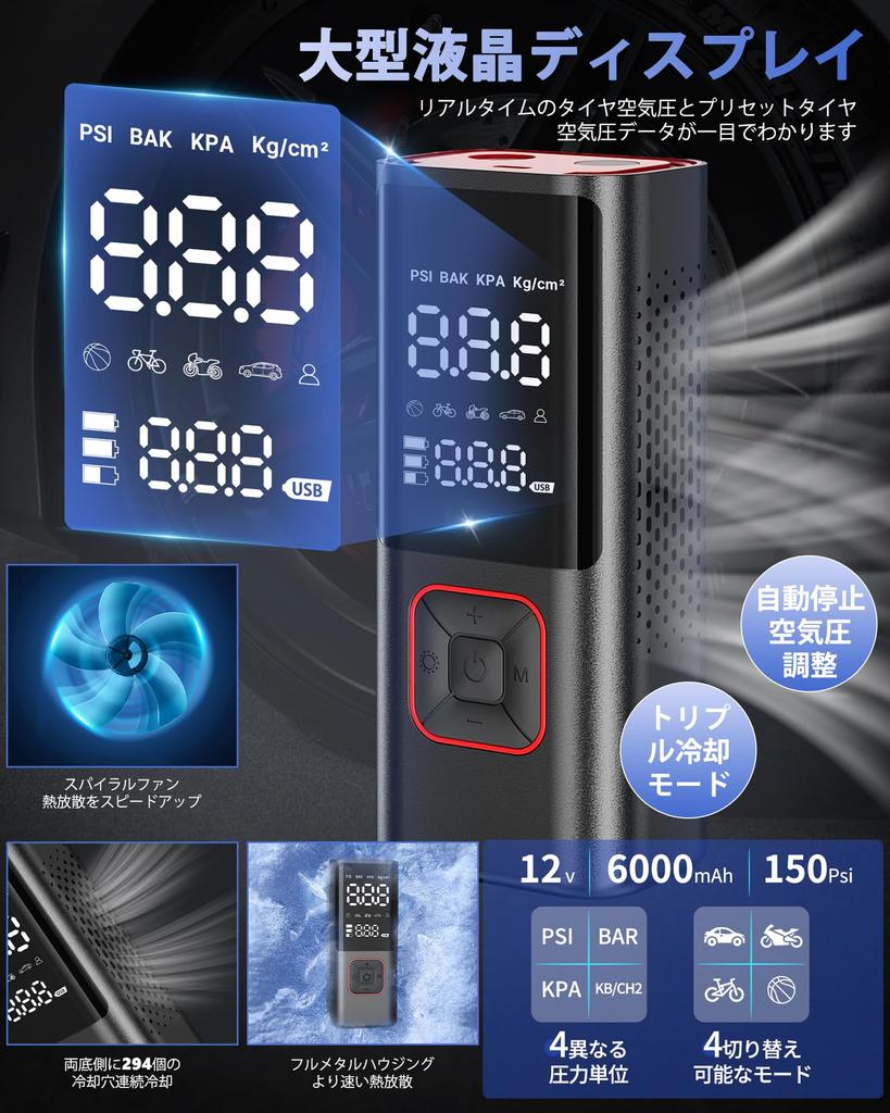 Kemiuu Elektrofahrrad Groß 150PSI Maximum Anpassbare Aufpumpung Automatischer Ausgangsport für Schnell Kompatibel mit und Beinhaltet Aufbewahrung und Japanisch