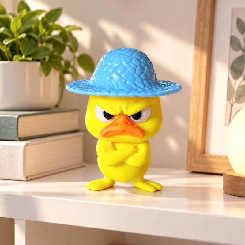 3D Printed Duck Figurine Set of 4 with Angry Face and Crossed Arm, Textured Hat Decorations for Office Desks, Display Shelves, and Entryways